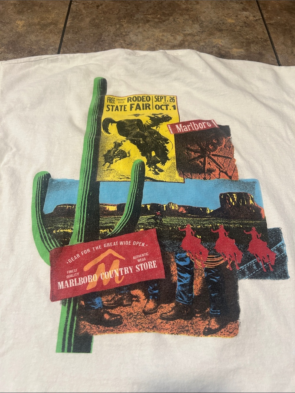 90’s Vintage Marlboro White Tee with Green Cactus and Blue Desert Print Pocket T